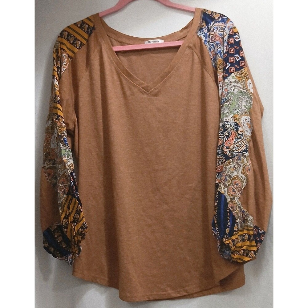 Beyove Brown V-Neck Long Decorated Sleeves Loose Casual BOHO Top Size Large EUC